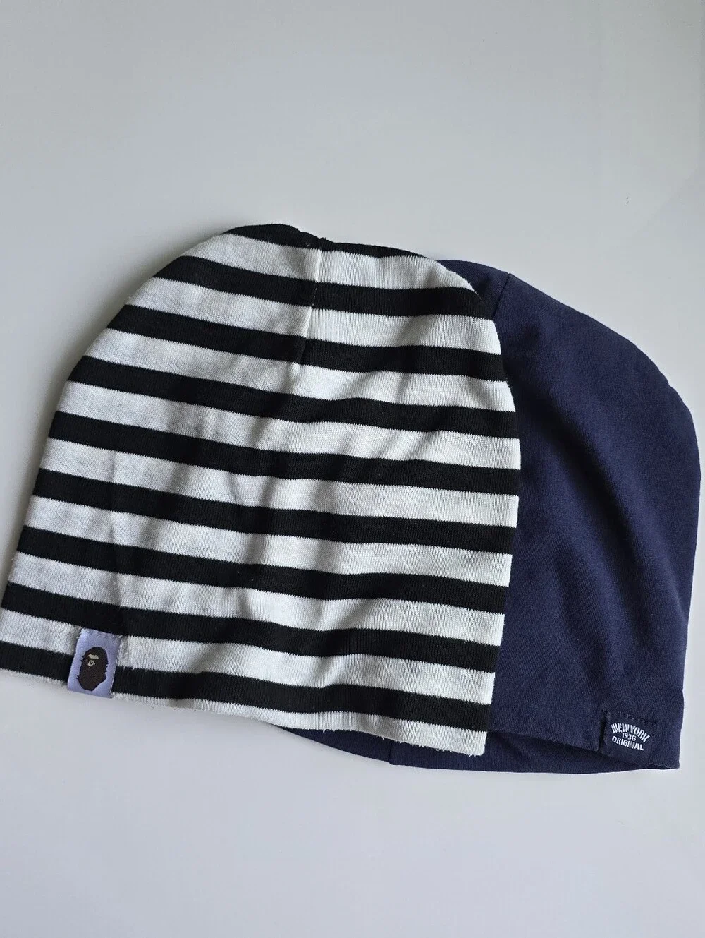 Black & White Striped, Navy Kids Beanie Soft Lightweight